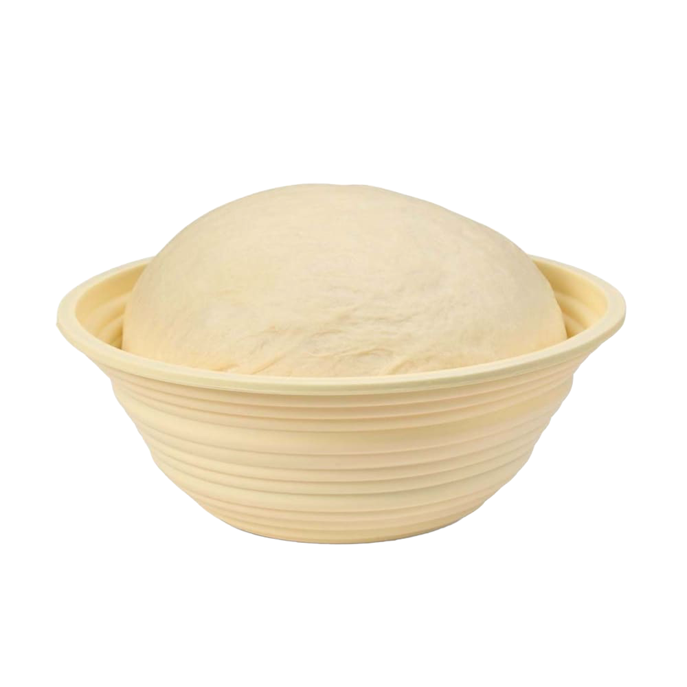 Light beige collapsible bread proofing basket with concentric ridges holding a round dough ball, designed for effective rising and compact storage in Kitchen & Food and Baking Supplies collections.