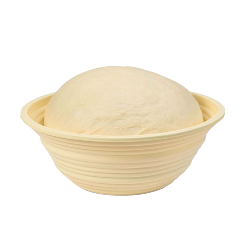 Light beige collapsible bread proofing basket with concentric ridges holding a round dough ball, designed for effective rising and compact storage in Kitchen & Food and Baking Supplies collections.