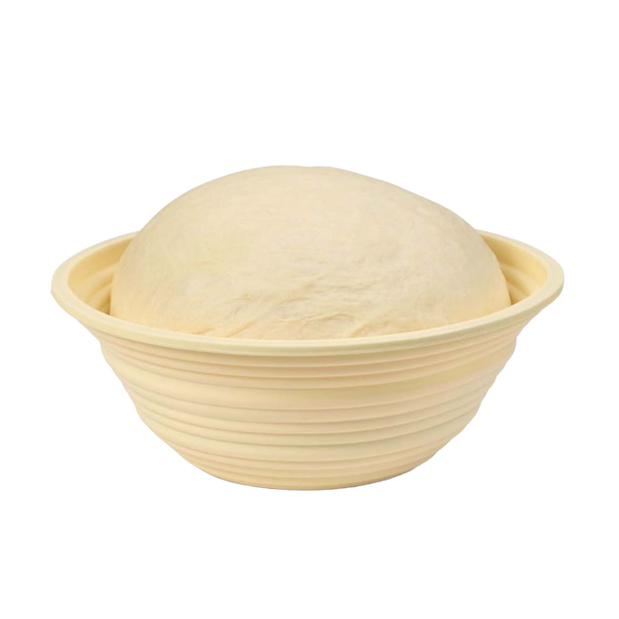 Light beige collapsible bread proofing basket with concentric ridges holding a round dough ball, designed for effective rising and compact storage in Kitchen & Food and Baking Supplies collections.