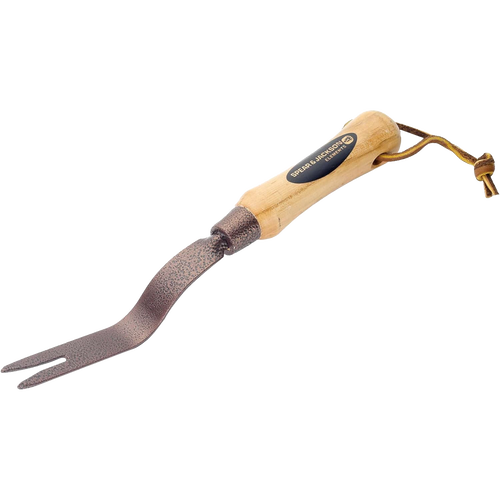 Handcrafted weeding tool with a durable hammer-finished powder-coated steel head and smooth wooden handle featuring a leather loop, perfect for Farm, Garden & Tool and Lawncare collections.