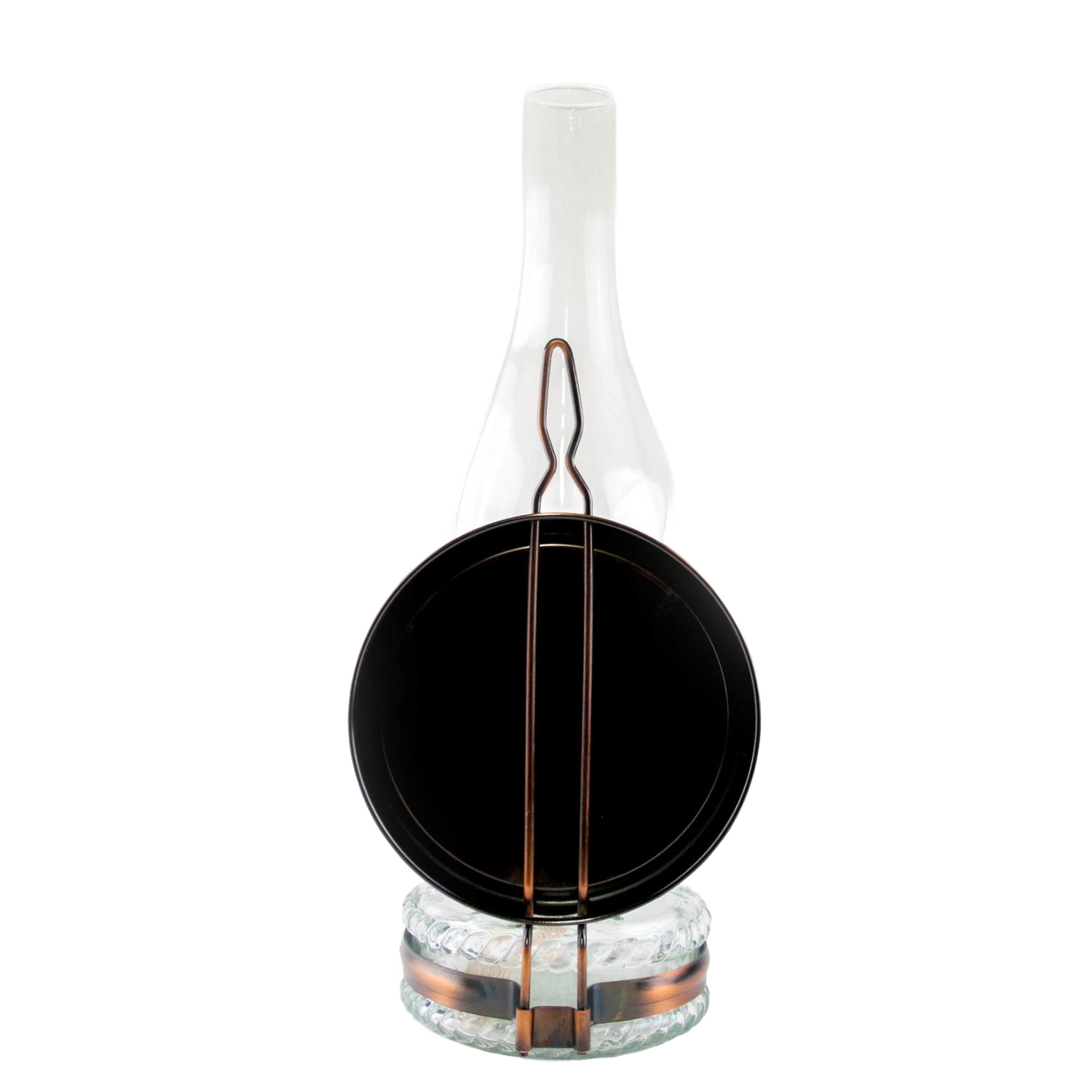 Handcrafted reflector oil lamp featuring a clear glass base, removable mirror reflector, and tall glass chimney, perfect for Lamps & Lighting, Oil Lamps, Wall Lamps, and Best Sellers collections.