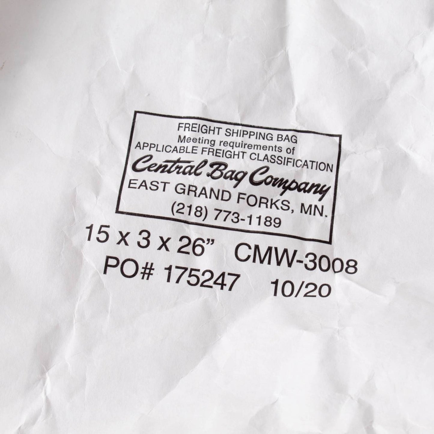 Close-up of a white freight shipping bag with printed text from Central Bag Company, suitable for use in Farm, Garden & Tool, and Pantry collections.