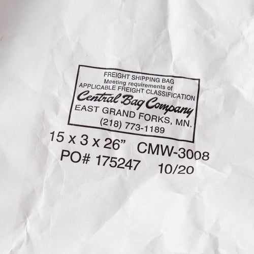 Close-up of a white freight shipping bag with printed text from Central Bag Company, suitable for use in Farm, Garden & Tool, and Pantry collections.