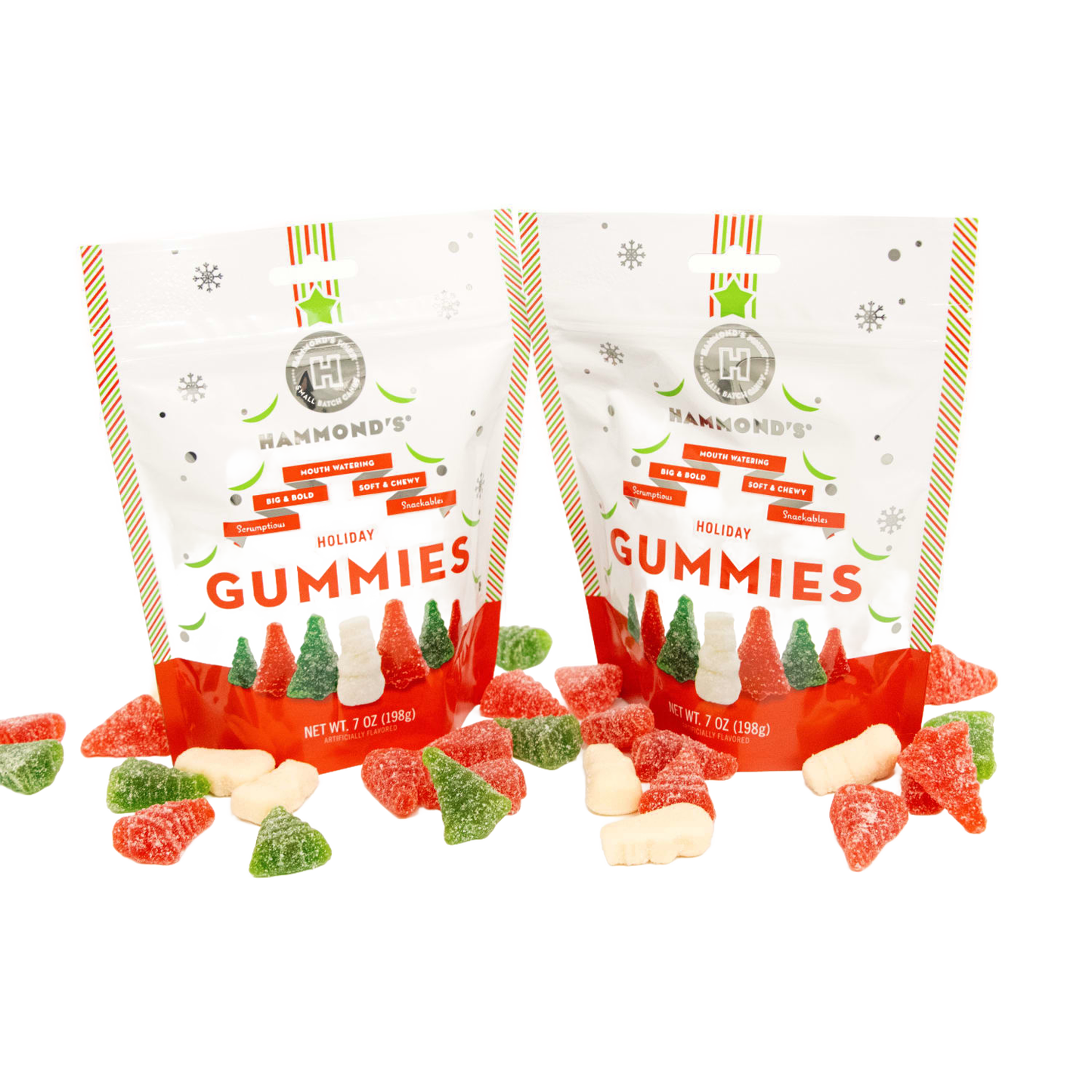 Two 7-oz bags of handmade, USA-made Christmas gummies shaped like festive trees and snowmen, coated with sugar, featured in Kitchen & Food, Snacks and Sweets, Candy, USA Made, Best Sellers, and Promo Eligible collections.