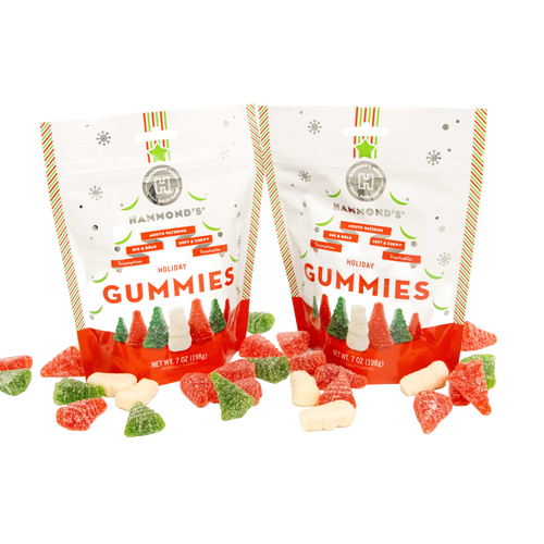 Two 7-oz bags of handmade, USA-made Christmas gummies shaped like festive trees and snowmen, coated with sugar, featured in Kitchen & Food, Snacks and Sweets, Candy, USA Made, Best Sellers, and Promo Eligible collections.