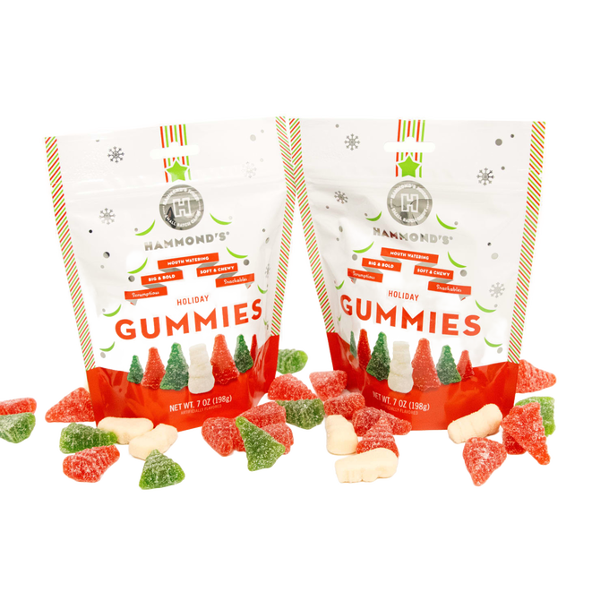 Two 7-oz bags of handmade, USA-made Christmas gummies shaped like festive trees and snowmen, coated with sugar, featured in Kitchen & Food, Snacks and Sweets, Candy, USA Made, Best Sellers, and Promo Eligible collections.