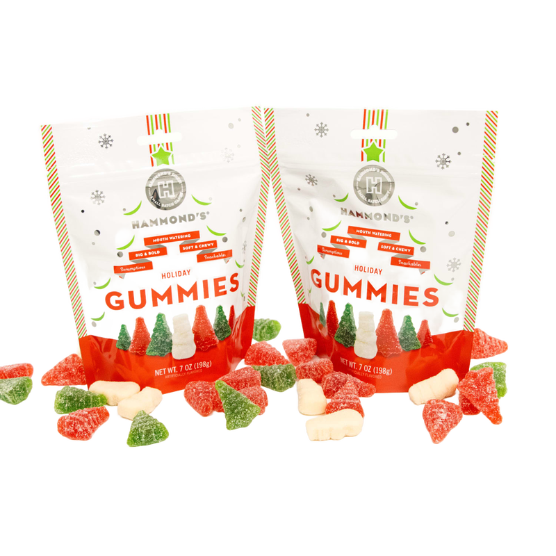 Two 7-oz bags of handmade, USA-made Christmas gummies shaped like festive trees and snowmen, coated with sugar, featured in Kitchen & Food, Snacks and Sweets, Candy, USA Made, Best Sellers, and Promo Eligible collections.
