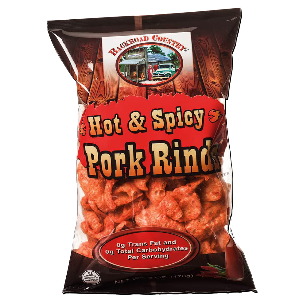 Two bags of handcrafted hot and spicy pork rinds made in USA, perfect savory snacks for Kitchen & Food, Snacks and Sweets, USA Made, Best Sellers, and Promo Eligible collections.