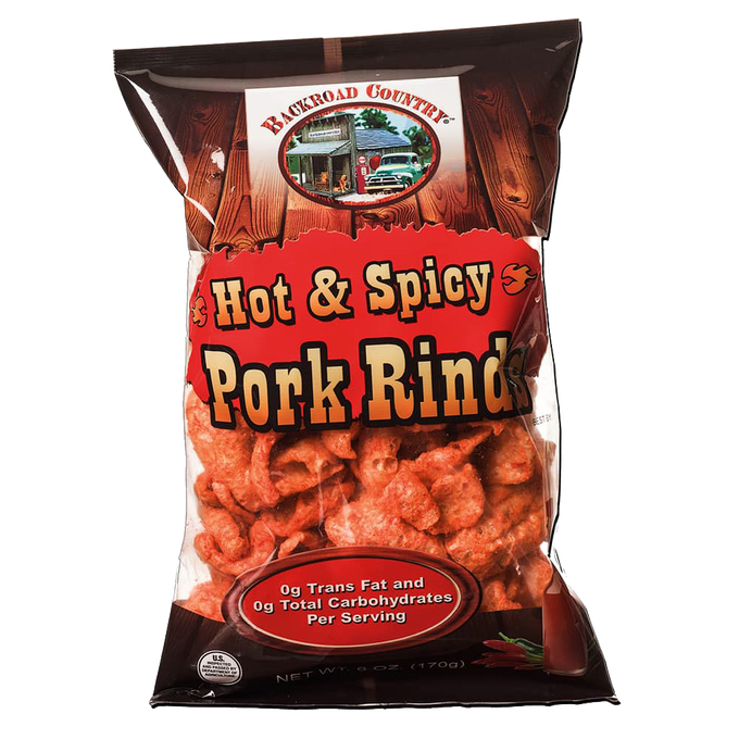Two bags of handcrafted hot and spicy pork rinds made in USA, perfect savory snacks for Kitchen & Food, Snacks and Sweets, USA Made, Best Sellers, and Promo Eligible collections.