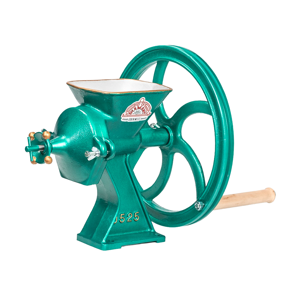 Cast iron grain mill with large grinding wheel and wooden handle, designed for fast, fine milling of various grains, featured in Kitchen & Food and Baking Supplies collections.
