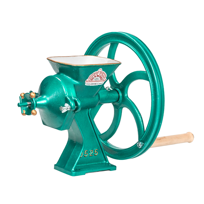 Cast iron grain mill with large grinding wheel and wooden handle, designed for fast, fine milling of various grains, featured in Kitchen & Food and Baking Supplies collections.