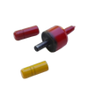 Set of enamel-finished peening tools in red and yellow, designed for shaping and hardening scythe blade edges, featured in Farm, Garden & Tool, Lawncare, Best Sellers, and Promo Eligible collections.