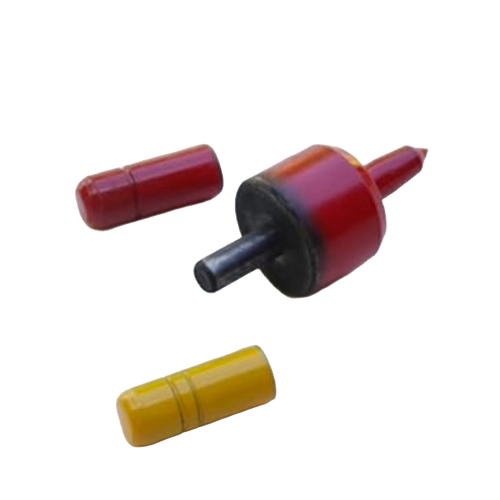 Set of enamel-finished peening tools in red and yellow, designed for shaping and hardening scythe blade edges, featured in Farm, Garden & Tool, Lawncare, Best Sellers, and Promo Eligible collections.
