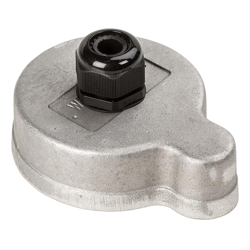 Aluminum 4-inch well cap with a central black nylon gripper for securing pumps, designed for durable mounting in water pump and appliance setups, handcrafted in USA.