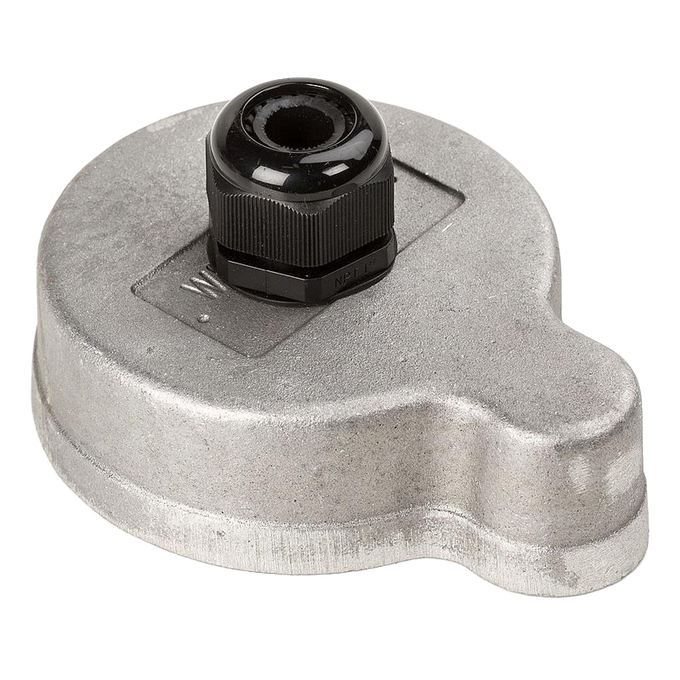 Aluminum 4-inch well cap with a central black nylon gripper for securing pumps, designed for durable mounting in water pump and appliance setups, handcrafted in USA.