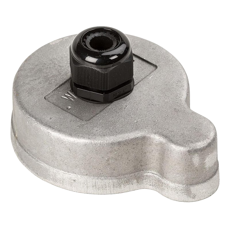 Aluminum 4-inch well cap with a central black nylon gripper for securing pumps, designed for durable mounting in water pump and appliance setups, handcrafted in USA.