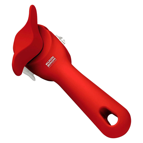 Bright red Kuhn Rikon can opener with ergonomic handle and Auto Safety Lid Lifter design, featured in Kitchen & Food, Kitchen Gadgets, and Best Sellers collections.