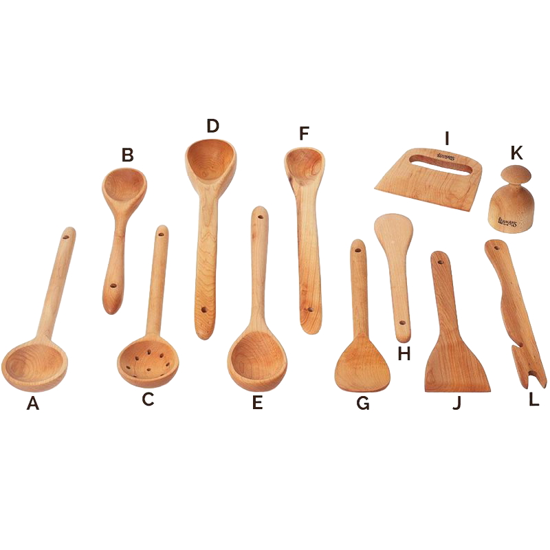 Variety of handcrafted solid American Hard Maple wooden cooking utensils including spoons, spatulas, dough cutter, and scraper, perfect for Kitchen & Food and Holiday Hosting collections.