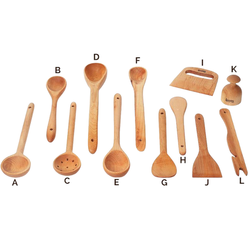 Variety of handcrafted solid American Hard Maple wooden cooking utensils including spoons, spatulas, dough cutter, and scraper, perfect for Kitchen & Food and Holiday Hosting collections.