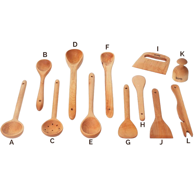 Variety of handcrafted solid American Hard Maple wooden cooking utensils including spoons, spatulas, dough cutter, and scraper, perfect for Kitchen & Food and Holiday Hosting collections.