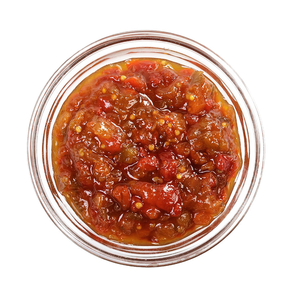 Top-down view of a jar filled with chunky red sweet pepper relish featuring visible seeds and pieces, handcrafted in USA and ideal for enhancing sandwiches and appetizers, featured in Kitchen & Food, Snacks and Sweets, Pantry, USA Made, Best Sellers, and Promo Eligible collections.