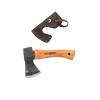 Hand-forged small hatchet with a curved wooden handle and a leather sheath, designed for camping, farm, and wood cutting in hand tools and best sellers collections.