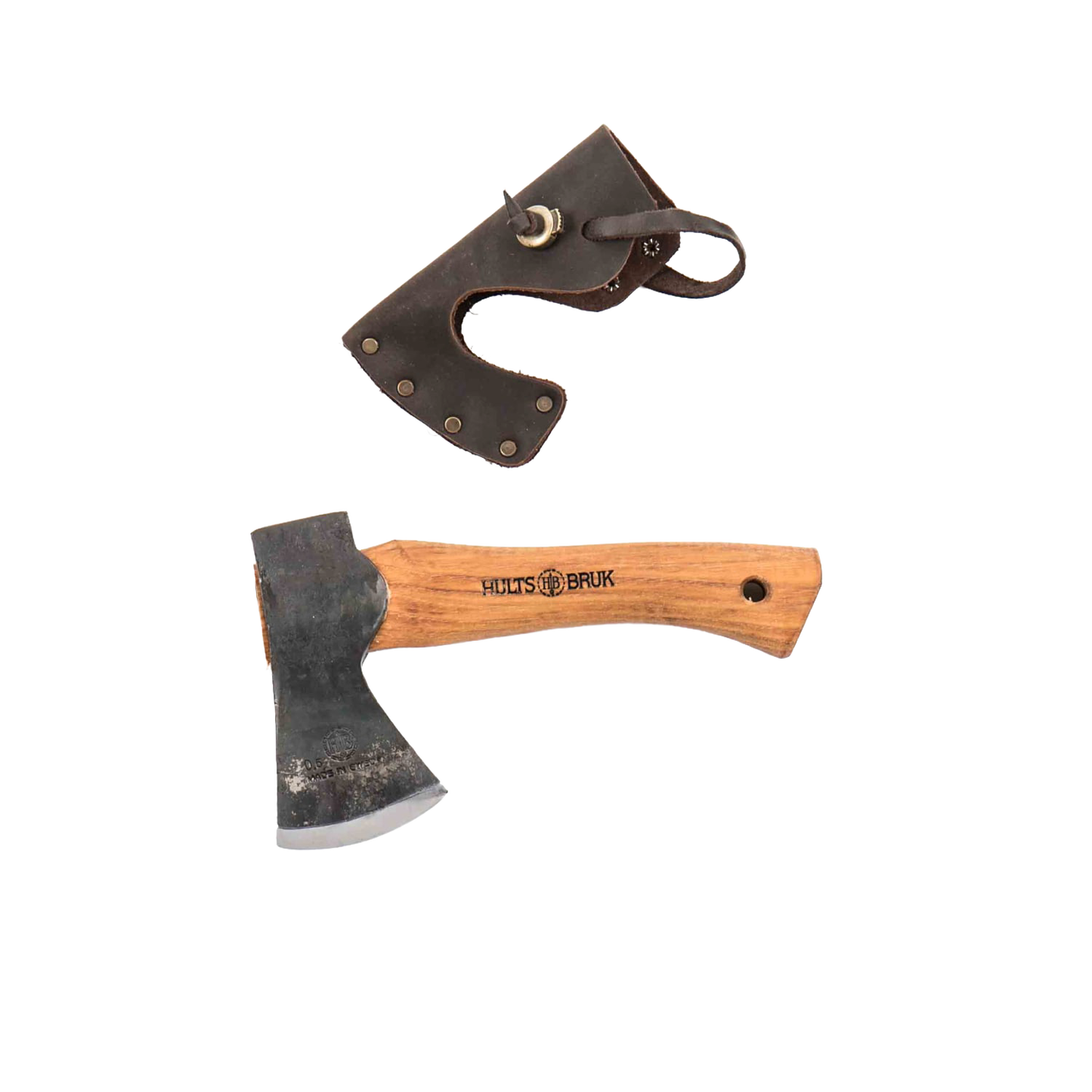 Hand-forged small hatchet with a curved wooden handle and a leather sheath, designed for camping, farm, and wood cutting in hand tools and best sellers collections.