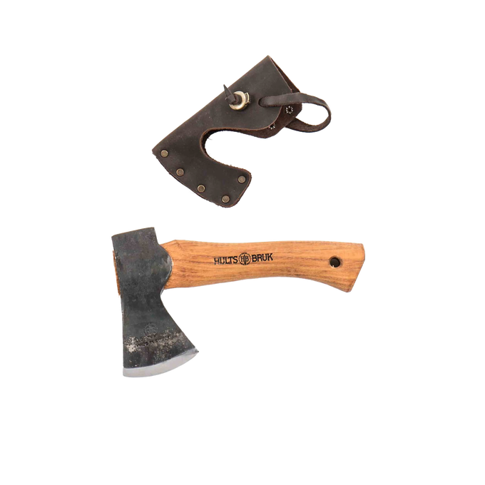 Hand-forged small hatchet with a curved wooden handle and a leather sheath, designed for camping, farm, and wood cutting in hand tools and best sellers collections.