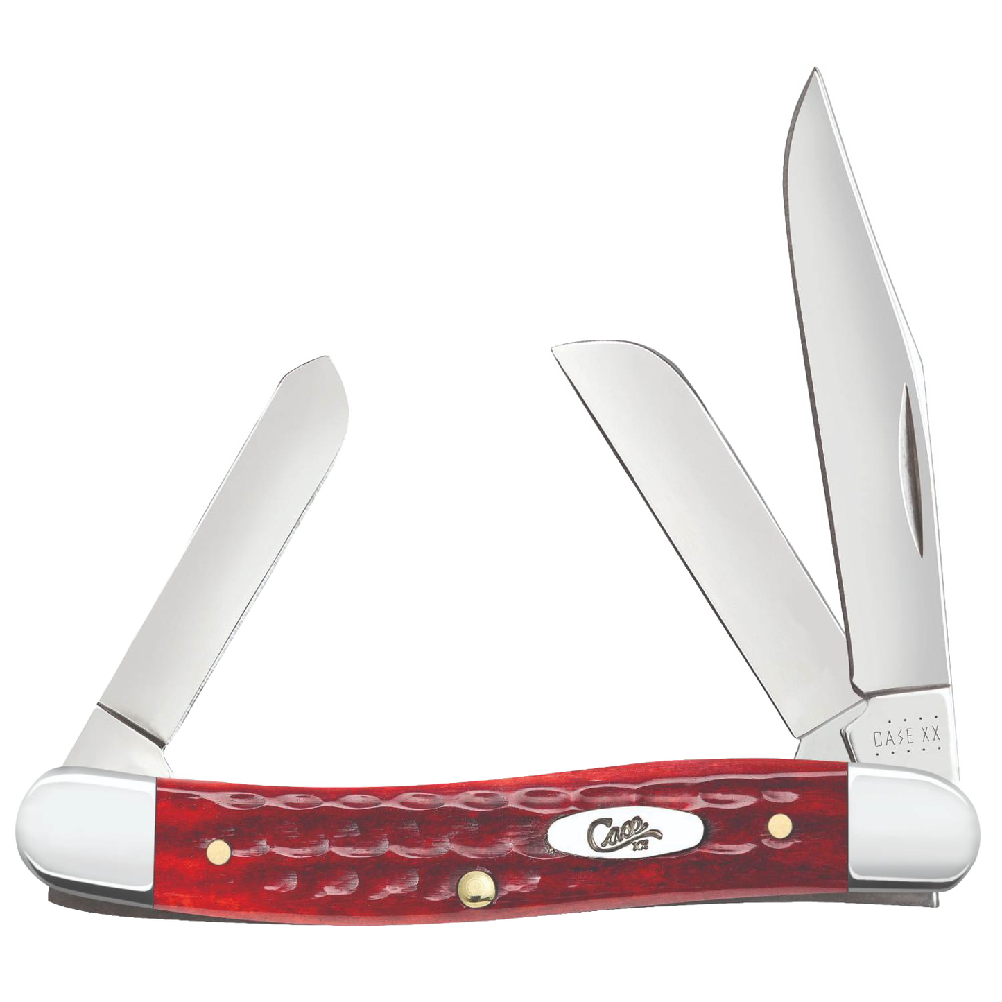 Traditional handcrafted pocket knife featuring three stainless steel blades and a textured old red bone handle, made in USA, ideal for Farm, Garden & Tool and Knives & Axes collections.