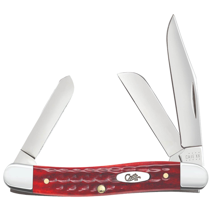 Traditional handcrafted pocket knife featuring three stainless steel blades and a textured old red bone handle, made in USA, ideal for Farm, Garden & Tool and Knives & Axes collections.