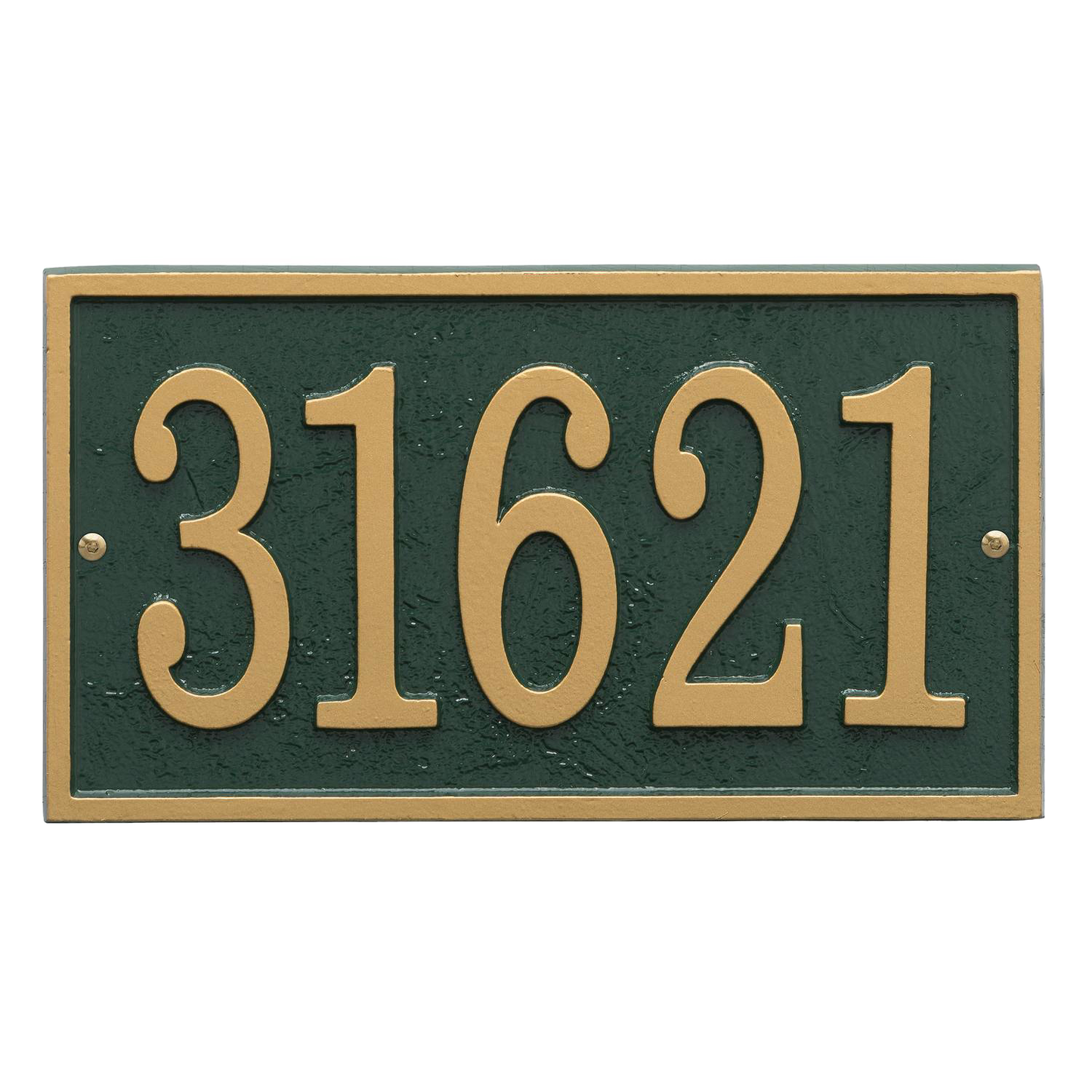 Green and gold rectangular custom address plaque with raised numbers, handcrafted and made in USA, ideal for enhancing curb appeal in Home & Decor and Mailboxes collections.