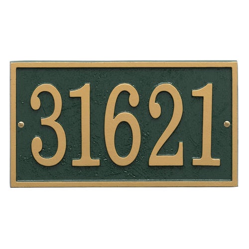 Green and gold rectangular custom address plaque with raised numbers, handcrafted and made in USA, ideal for enhancing curb appeal in Home & Decor and Mailboxes collections.