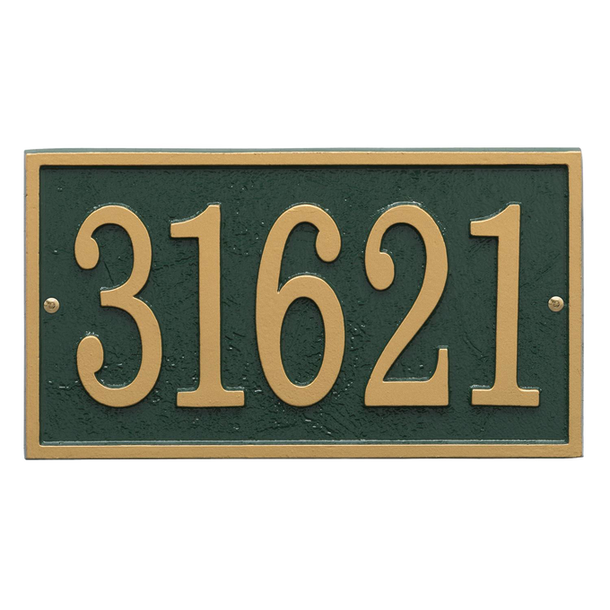Green and gold rectangular custom address plaque with raised numbers, handcrafted and made in USA, ideal for enhancing curb appeal in Home & Decor and Mailboxes collections.