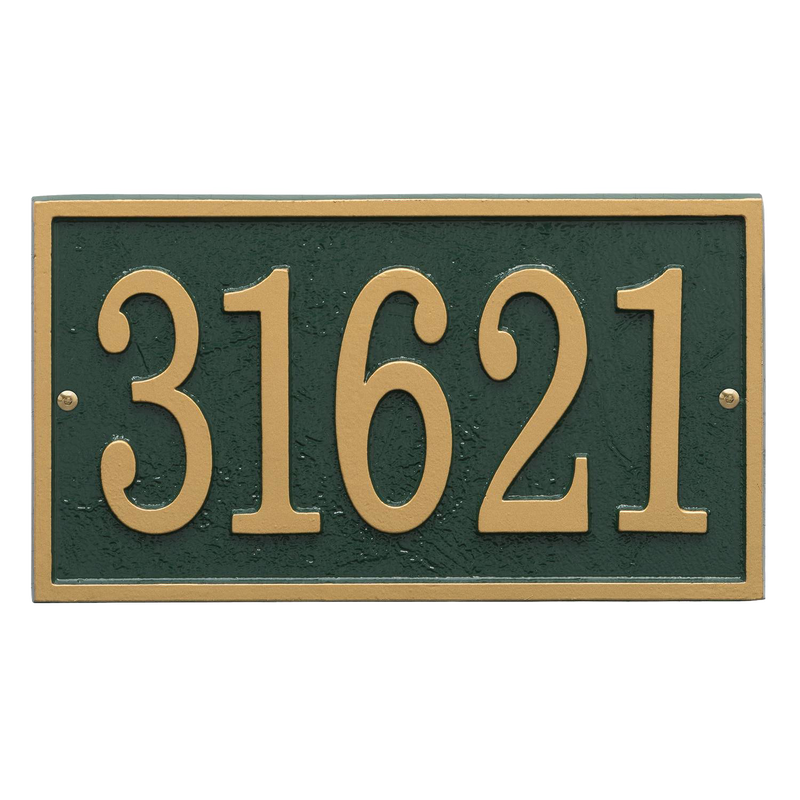 Green and gold rectangular custom address plaque with raised numbers, handcrafted and made in USA, ideal for enhancing curb appeal in Home & Decor and Mailboxes collections.