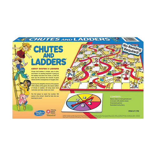 Classical Chutes and Ladders board game box showing colorful game board with chutes and ladders, spinner, and illustrations, ideal for Kids' Toys, Games and Puzzles, Table and Board Games collections.