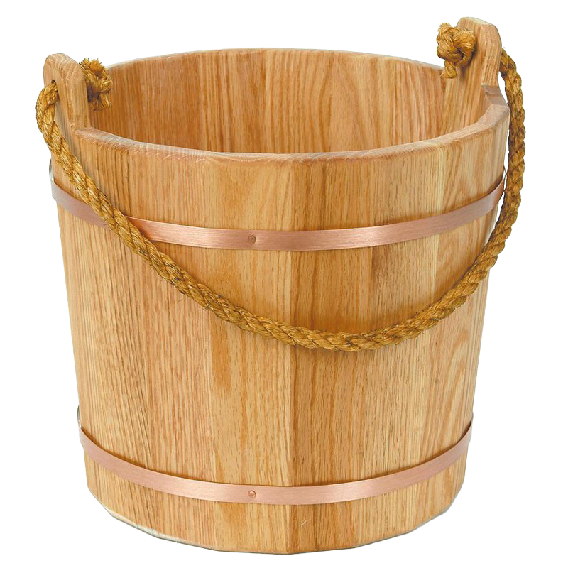 Handcrafted old-fashioned wooden bucket with kiln-dried oak slats, burnished copper-colored metal bands, and a durable handmade sisal rope handle, featured in Farm, Garden & Tool and USA Made collections.