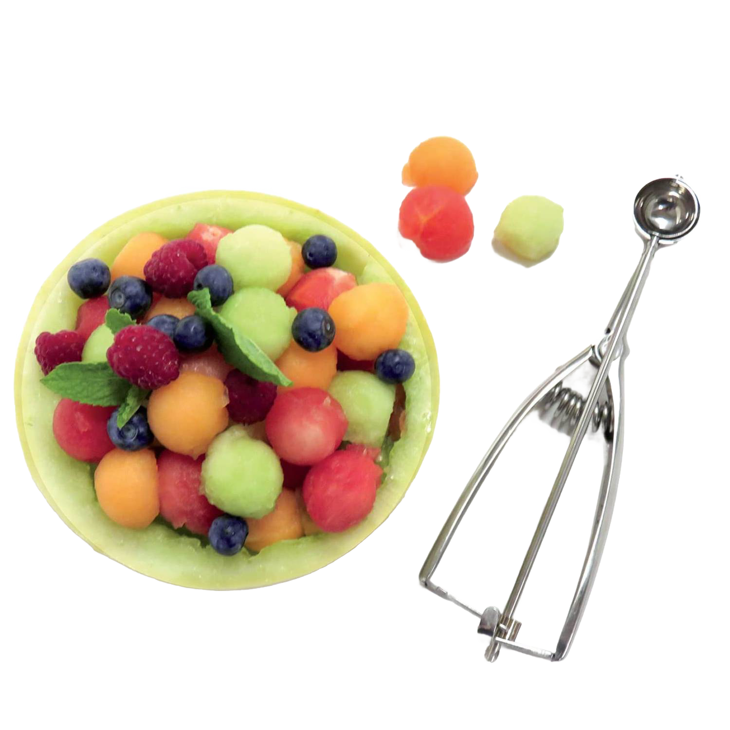 Metal scoop with a spring release mechanism alongside colorful melon balls and fresh berries in a melon bowl, perfect for Kitchen & Food, Cookware, Baking Supplies, and Kitchen Gadgets collections.