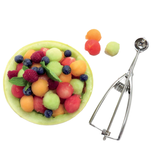 Metal scoop with a spring release mechanism alongside colorful melon balls and fresh berries in a melon bowl, perfect for Kitchen & Food, Cookware, Baking Supplies, and Kitchen Gadgets collections.