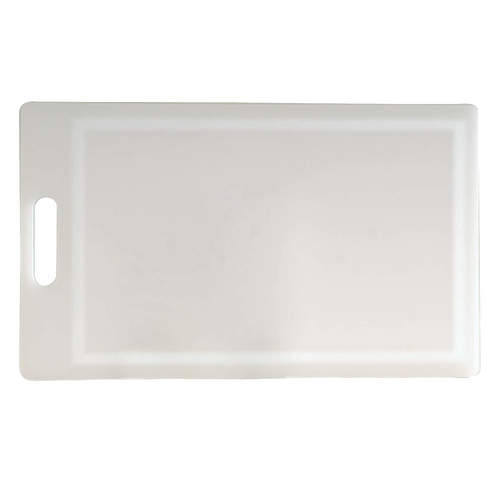 White high-density plastic cutting board featuring a convenient handle, smooth surface on one side, and a grooved edge for catching juices, ideal for Kitchen & Food and Food Prep collections.