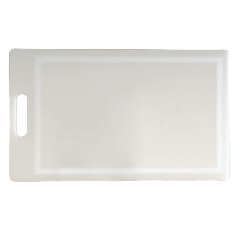 White high-density plastic cutting board featuring a convenient handle, smooth surface on one side, and a grooved edge for catching juices, ideal for Kitchen & Food and Food Prep collections.