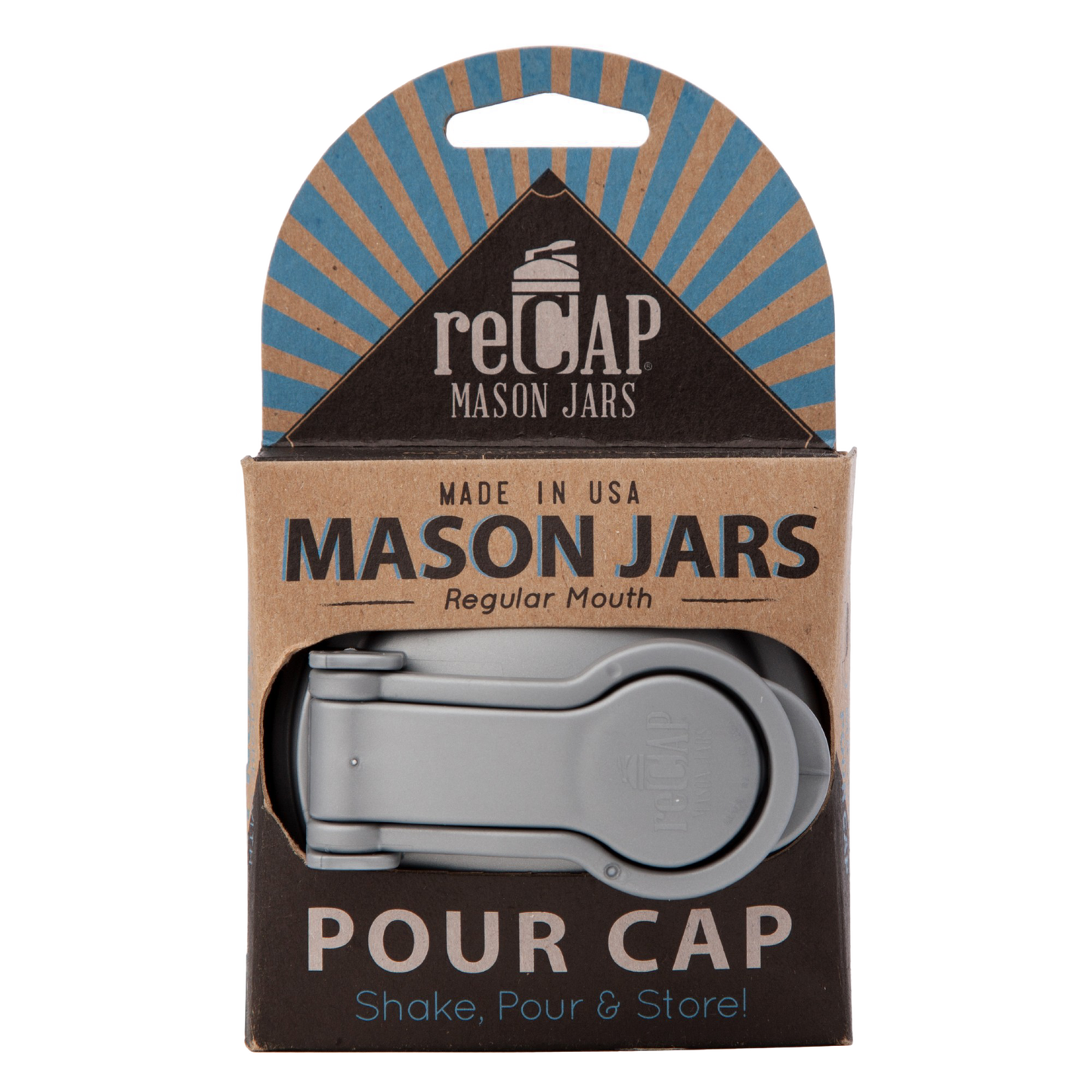 Gray no-break plastic pour lid with carry loop and flip-top spout, designed for regular-mouth mason jars, made in the USA, featured in Kitchen & Food, Dinnerware, Kitchen Gadgets, Kitchen Accessories, USA Made, Best Sellers, and Promo Eligible collections.