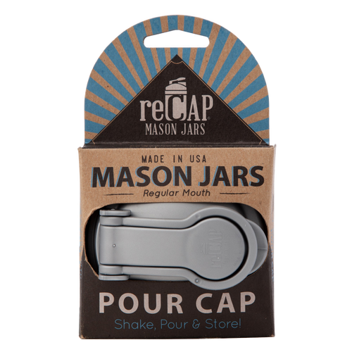 Gray no-break plastic pour lid with carry loop and flip-top spout, designed for regular-mouth mason jars, made in the USA, featured in Kitchen & Food, Dinnerware, Kitchen Gadgets, Kitchen Accessories, USA Made, Best Sellers, and Promo Eligible collections.