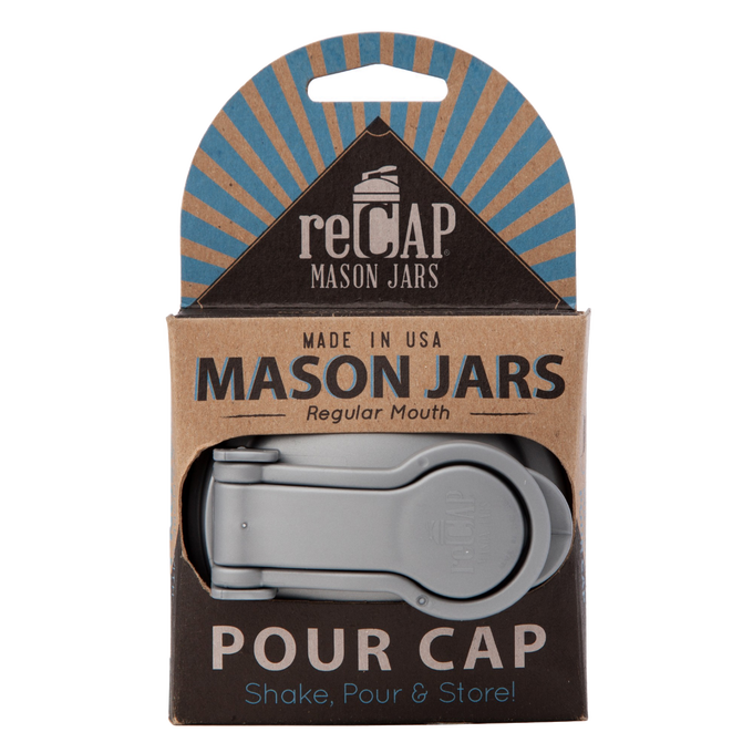Gray no-break plastic pour lid with carry loop and flip-top spout, designed for regular-mouth mason jars, made in the USA, featured in Kitchen & Food, Dinnerware, Kitchen Gadgets, Kitchen Accessories, USA Made, Best Sellers, and Promo Eligible collections.