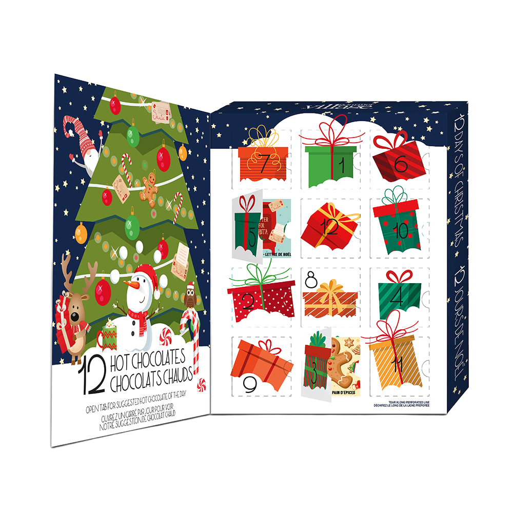 Festive 12 Days of Hot Chocolate Advent Calendar featuring 12 individually wrapped holiday flavors with seasonal designs, ideal for Kitchen & Food, Snacks and Sweets, Beverages, and Best Sellers collections.