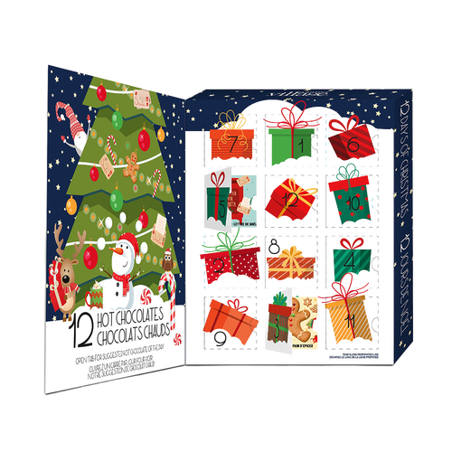 Festive 12 Days of Hot Chocolate Advent Calendar featuring 12 individually wrapped holiday flavors with seasonal designs, ideal for Kitchen & Food, Snacks and Sweets, Beverages, and Best Sellers collections.