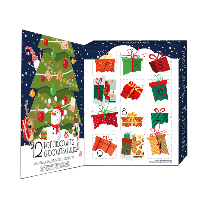Festive 12 Days of Hot Chocolate Advent Calendar featuring 12 individually wrapped holiday flavors with seasonal designs, ideal for Kitchen & Food, Snacks and Sweets, Beverages, and Best Sellers collections.