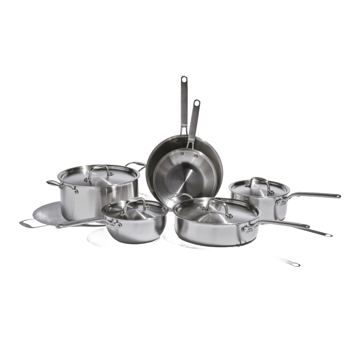 Set of handcrafted fully clad stainless steel pots and pans including saucepans, fry pans, and sauté pan with lids, ideal for Kitchen & Food, Cookware, and Best Sellers collections.