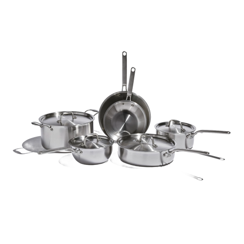 Set of handcrafted fully clad stainless steel pots and pans including saucepans, fry pans, and sauté pan with lids, ideal for Kitchen & Food, Cookware, and Best Sellers collections.