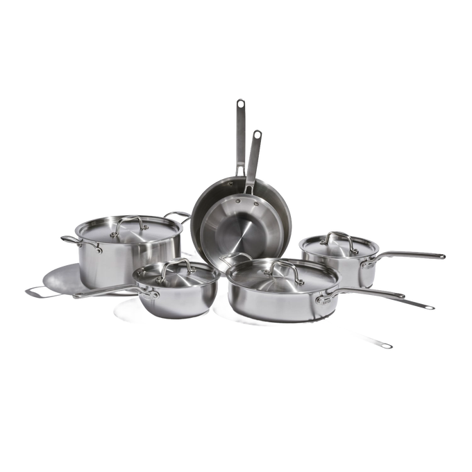 Set of handcrafted fully clad stainless steel pots and pans including saucepans, fry pans, and sauté pan with lids, ideal for Kitchen & Food, Cookware, and Best Sellers collections.