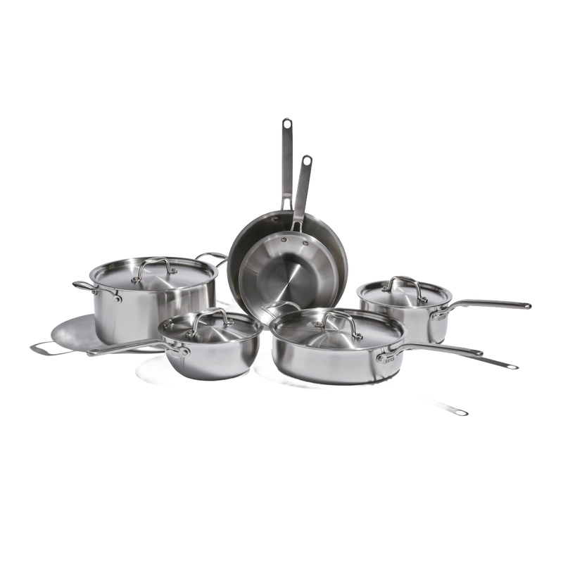 Set of handcrafted fully clad stainless steel pots and pans including saucepans, fry pans, and sauté pan with lids, ideal for Kitchen & Food, Cookware, and Best Sellers collections.